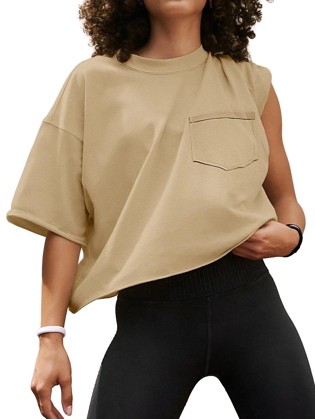 ATHMILE Womens Oversized T-Shirts Short Sleeve Workout Crop Tops Casual Drop Shoulder Boxy Roll Hem Basic Loose Tees Medium Lightkhaki - Evallys.com # #