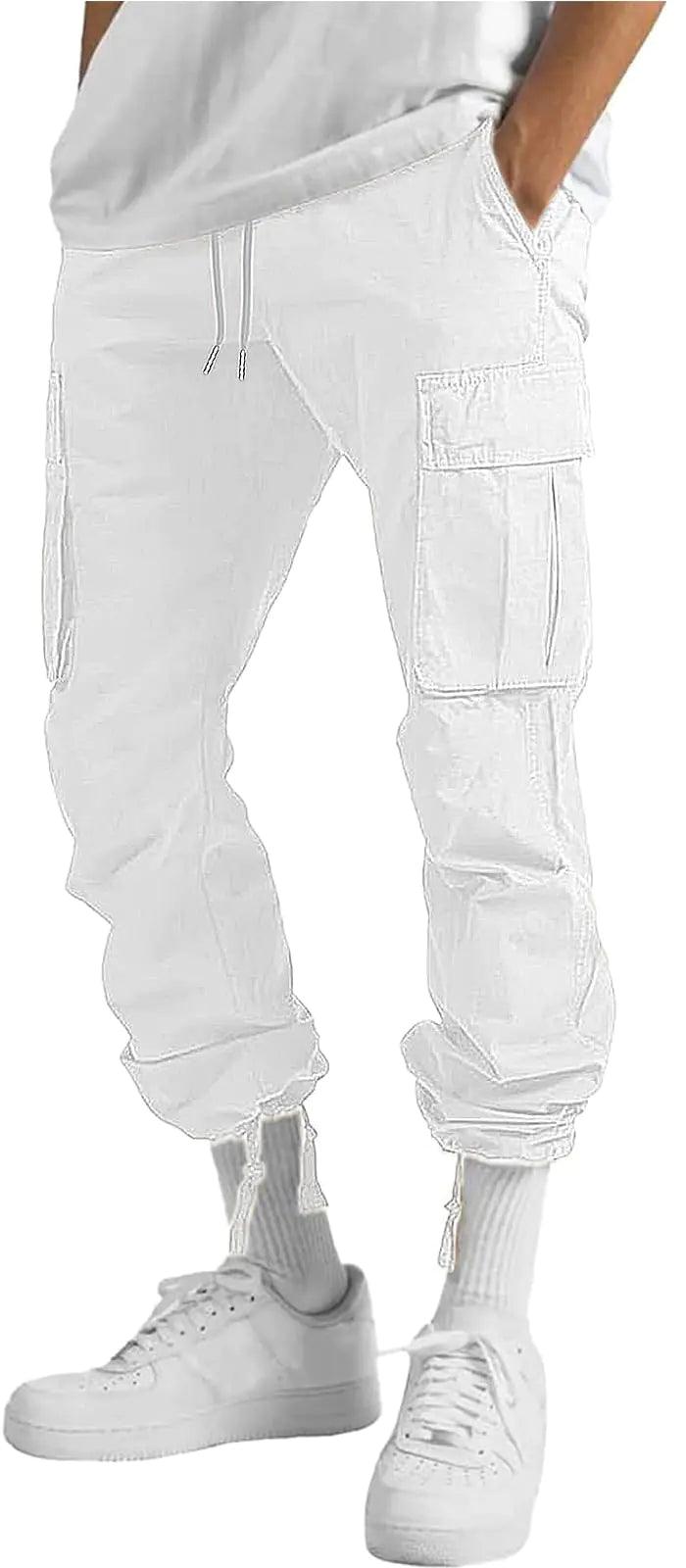 HUNGSON Mens Cargo Pants Casual Hiking Pants Joggers Athletic Pants Cotton Loose Straight Sweatpants for Men 28 White - Evallys.com # #