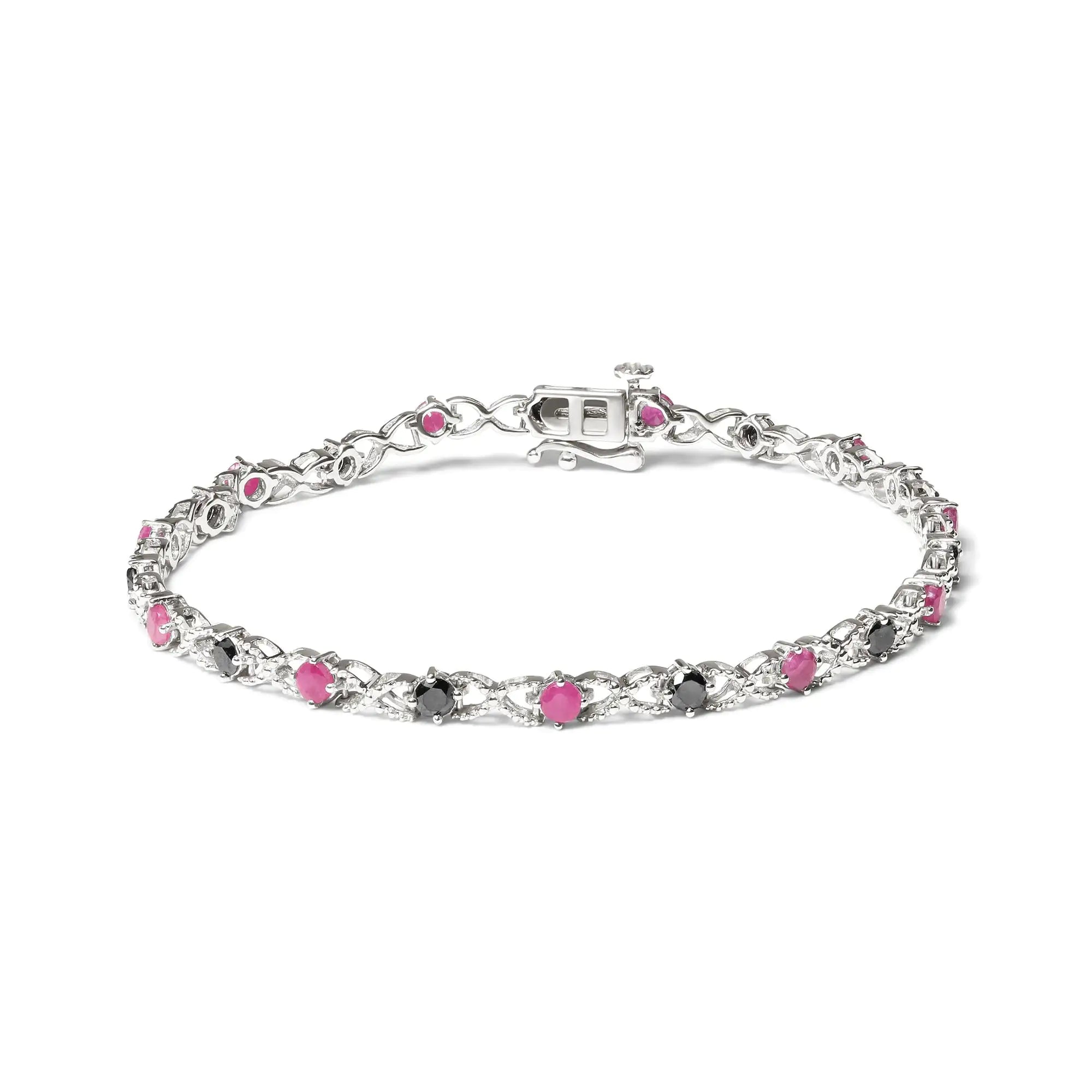 .925 Sterling Silver 1.00 Cttw Treated Black Diamond with 3.00mm Lab Created Pink Ruby 7.25" X-Link Bracelet (Black Color, I2-I3 Clarity) - Evallys.com # #