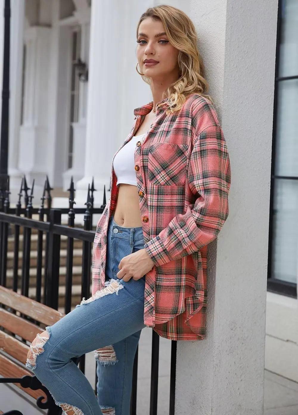Lacozy Womens Buffalo Plaid Flannel Shirt Long Sleeve Collar Button Down Blouses Tops C0 Pink Medium - Evallys.com # #