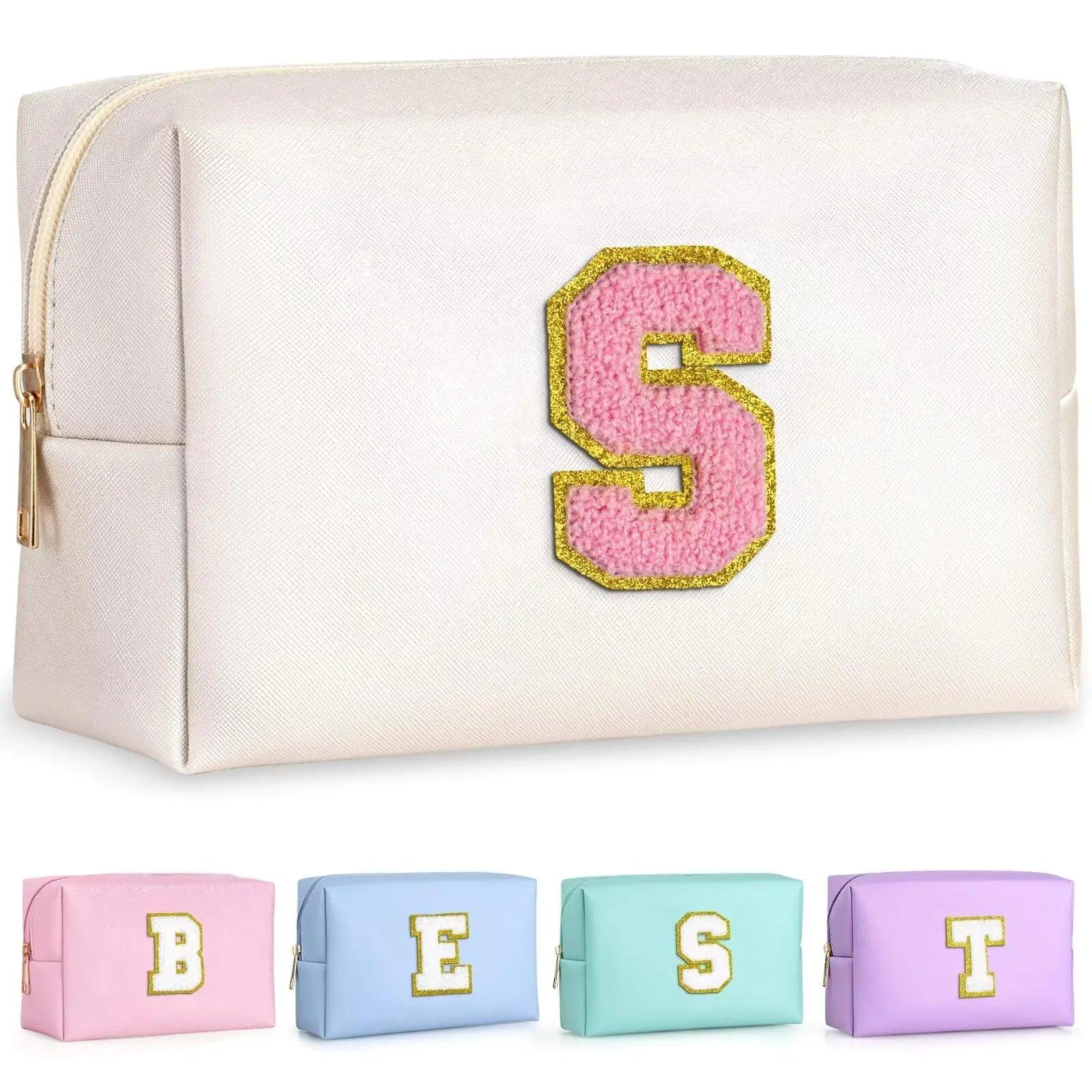 Initial Cosmetic Bag for women, Preppy Small Makeup Bag, PU Leather Waterproof Toiletry Bag, Monogrammed Birthday Gifts For Women, Stuff for girls (Pearly White S) Pearly White-Pink - Evallys.com # #