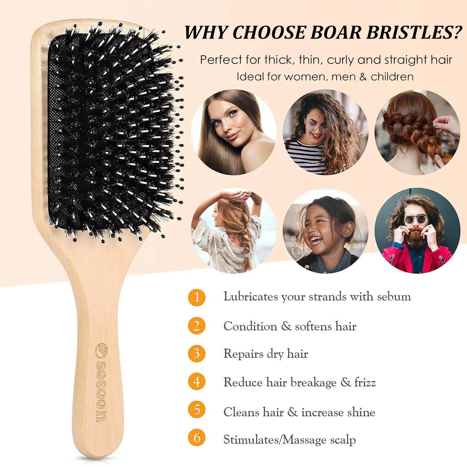 Hair Brush, Sosoon Boar Bristle Paddle Hairbrush for Long Short Thick Thin Curly Straight Wavy Dry Hair for Men Women Kids, No More Tangle, Giftbox & Tail Comb Included - Evallys.com # #