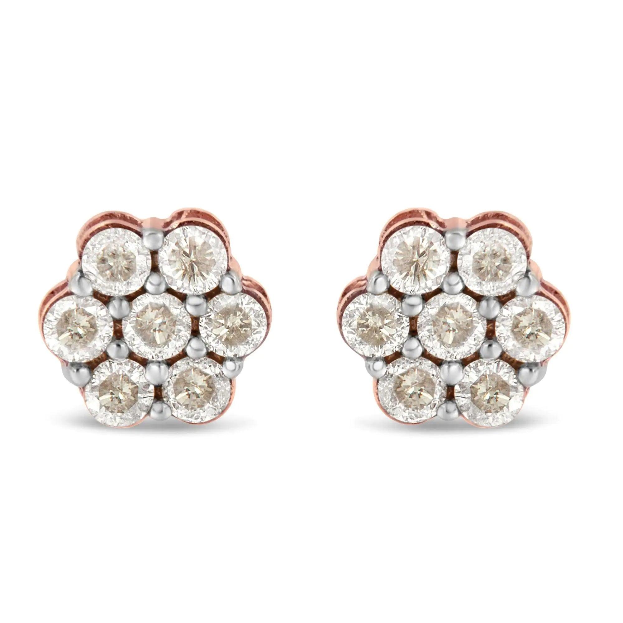 10K Rose Gold Diamond Floral Stud Earrings (1 cttw, J-K Color, I1-I2 Clarity) - Evallys.com # #