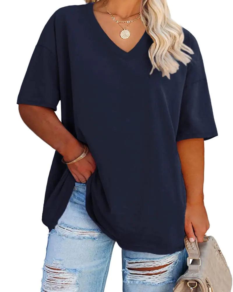 Women's Plus Size V Neck T Shirts Summer Half Sleeve Tees Casual Loose Fit Cotton Tunic Tops XX-Large Plus Khaki - Evallys.com # #