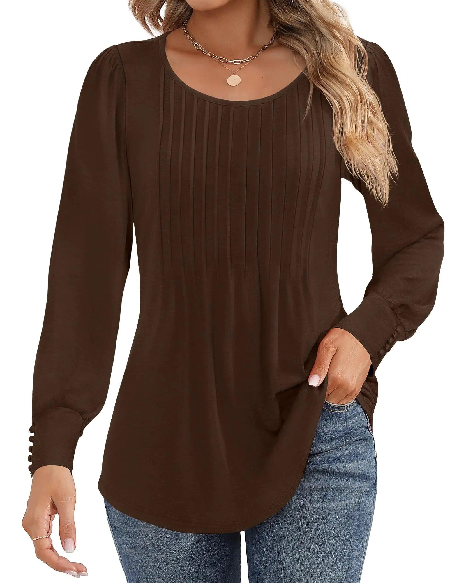 Ficerd Women's Puff Long Sleeve Tunic Tops Pleated Crew Neck Blouses Dressy Casual Loose Fit Fall and Winter Shirts Pink Floral Large - Evallys.com