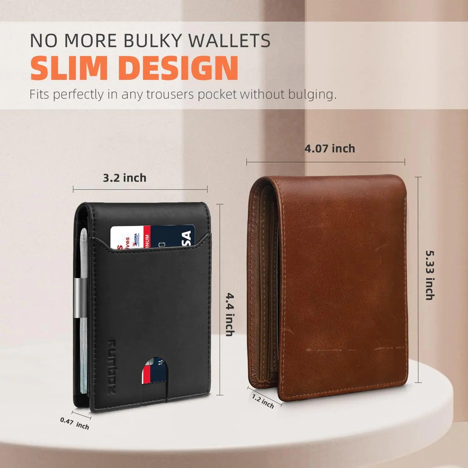 RUNBOX Slim Wallets for Men - Leather Money Clip Mens Wallet - RFID Blocking Front Pocket Bifold Wallet - Thin Credit Card Holder with Gift Box Bicolor Crazy Horse Black - Evallys.com # #