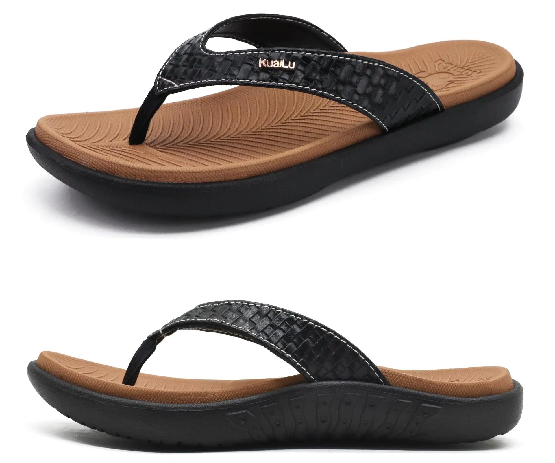KuaiLu Womens Flip Flops Ladies Yoga Mat Comfortable Walking Thong Sandals With Plantar Fasciitis Arch Support Slip On Indoor Outdoor For Summer 11 Khaki Black - Evallys.com # #