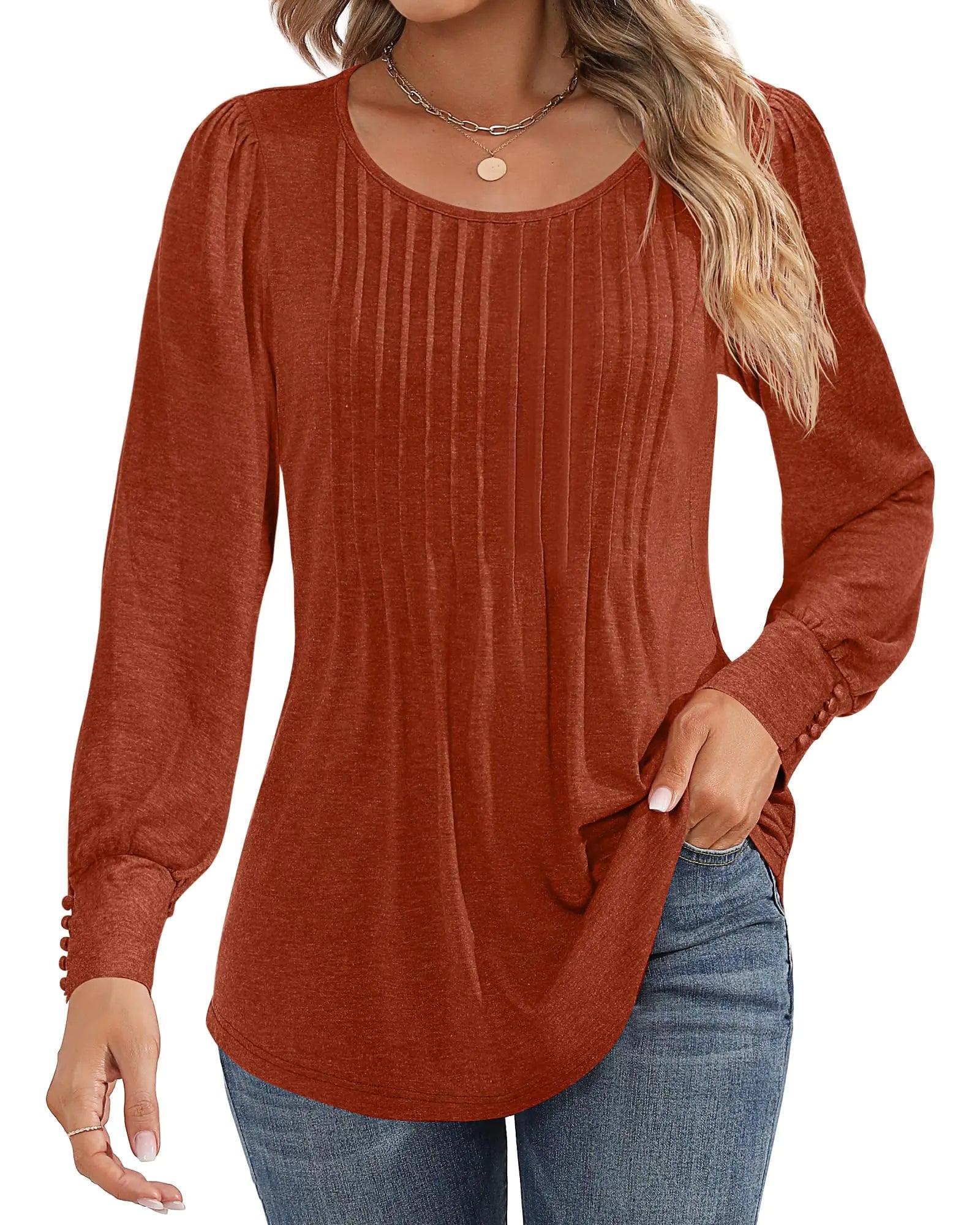 Ficerd Women's Puff Long Sleeve Tunic Tops Pleated Crew Neck Blouses Dressy Casual Loose Fit Fall and Winter Shirts Pink Floral Large - Evallys.com