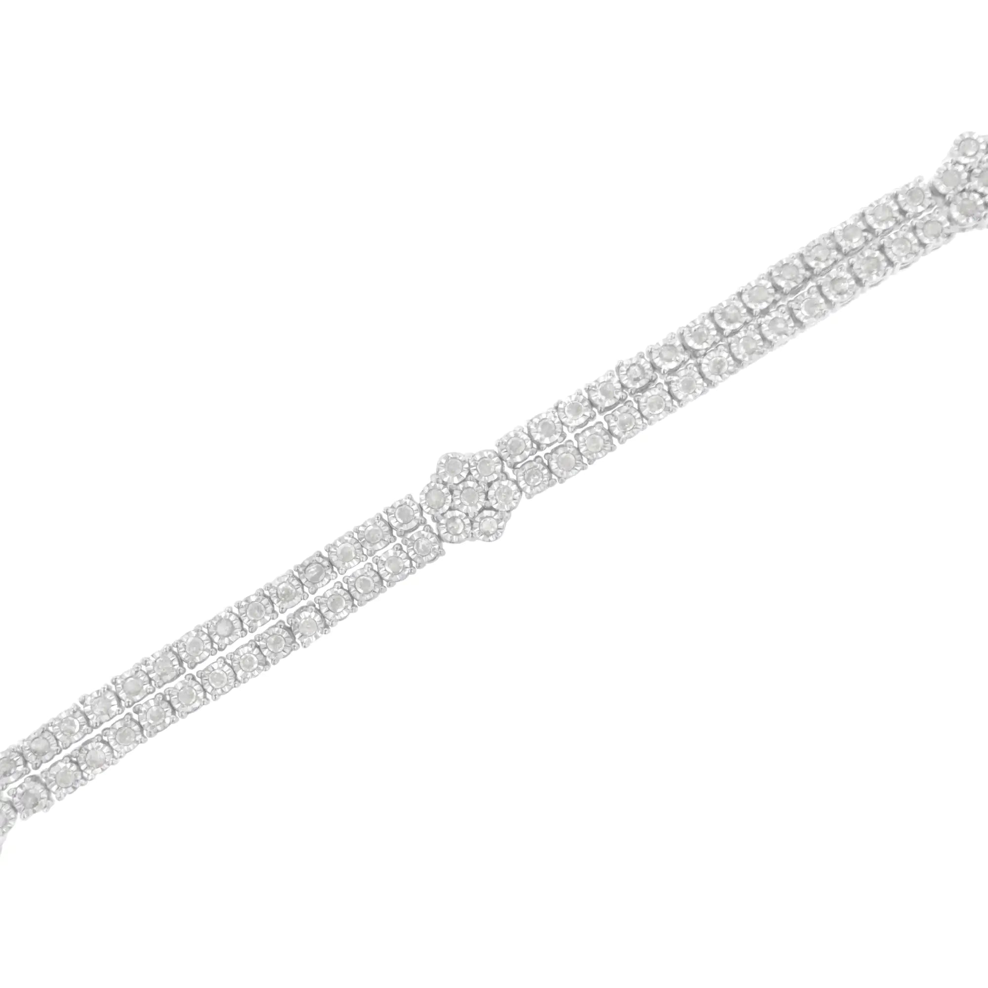 .925 Sterling Silver Diamond Double Row and Floral Cluster Tennis Bracelet (2 cttw, I-J Color, I3 Clarity) - Size 7.25" - Evallys.com # #