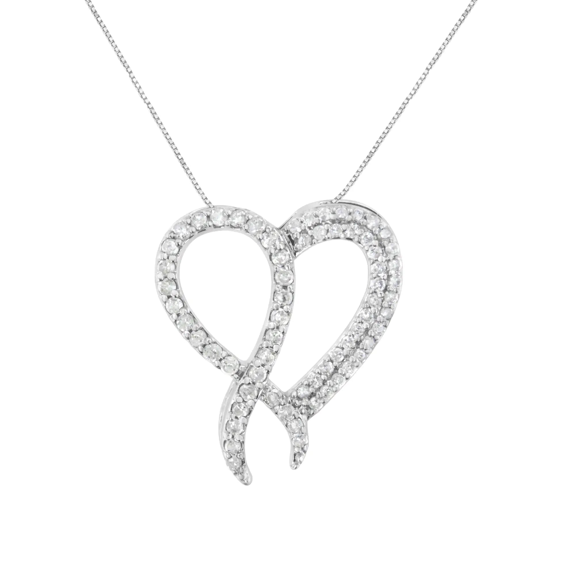 .925 Sterling Silver 1 cttw Diamond Heart and Ribbon 18" Pendant Necklace (I-J Clarity, I2-I3 Color) - 18" - Evallys.com # #