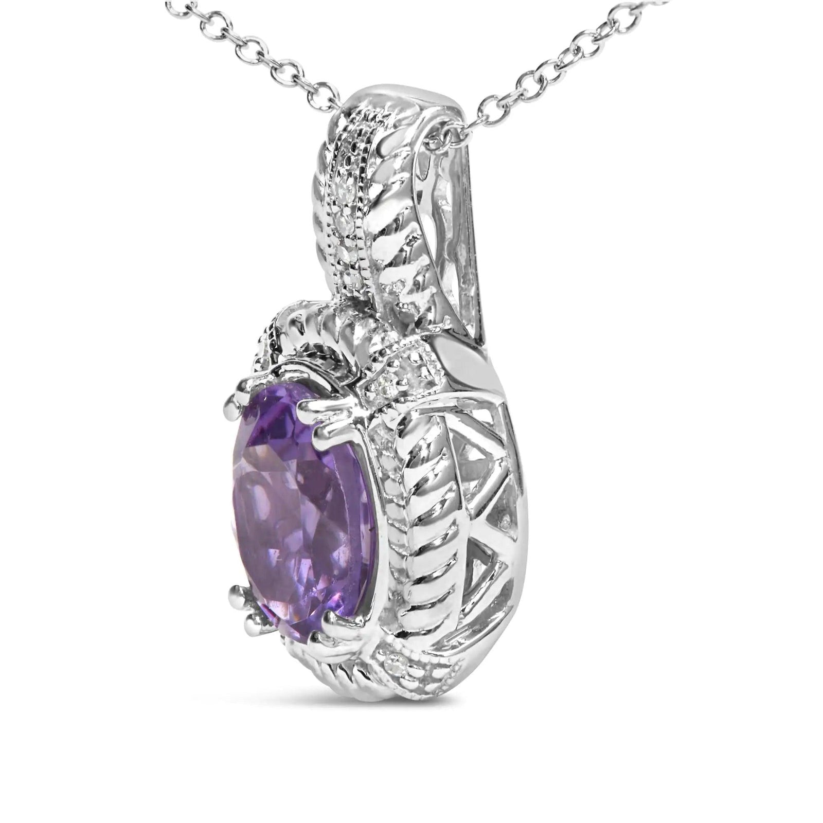 .925 Sterling Silver 9x7mm Oval Purple Amethyst and Round Diamond Accent Fashion Drop Pendant 18 Inch Necklace (I-J Color, I1-I2 Clarity) - Evallys.com # #