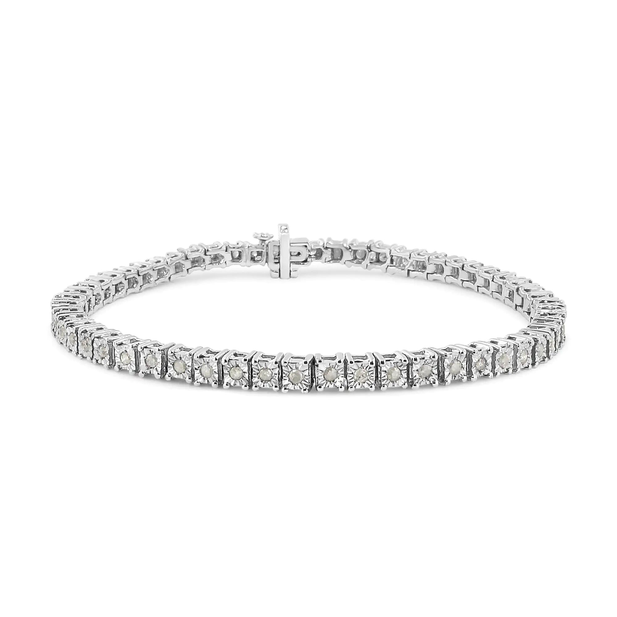 .925 Sterling Silver 1.0 Cttw Diamond Square Frame Miracle-Set Tennis Bracelet (I-J Color, I3 Clarity) - 8" - Evallys.com # #