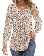 Ficerd Women's Puff Long Sleeve Tunic Tops Pleated Crew Neck Blouses Dressy Casual Loose Fit Fall and Winter Shirts Pink Floral Large - Evallys.com