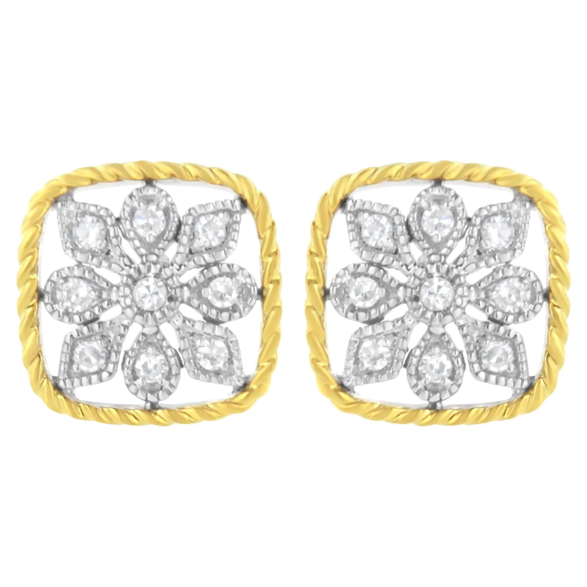 10K Yellow Gold Plated .925 Sterling Silver 1/4 cttw Diamond "Flower in a Box" Stud Earrings (I-J Color, I2-I3 Clarity) - Evallys.com # #