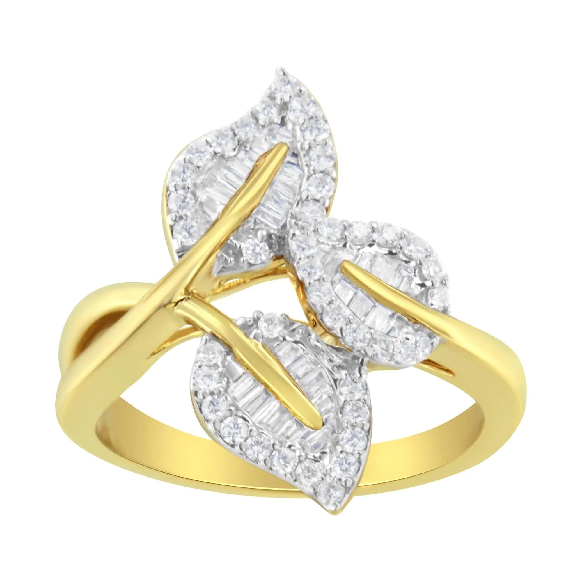 18K Yellow and White Gold Plated .925 Sterling Silver 3/8 Cttw Baguette and Round Diamond Bypass Triple Leaf Ring (I-J Color, I1-I2 Clarity) - Evallys.com # #