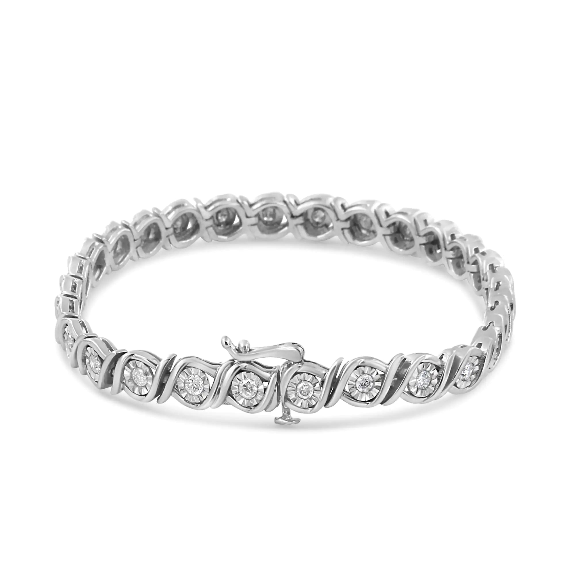 .925 Sterling Silver 1.0 Cttw Round Diamond Miracle Plate and "S" Link Tennis Bracelet (I-J Color, I3 Clarity) - 7" - Evallys.com # #