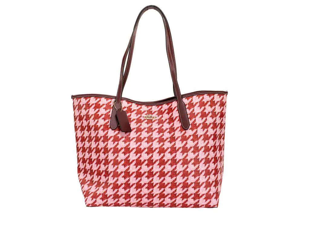 Coach Pink Red Houndstooth Coated Canvas City Tote - Evallys.com # #