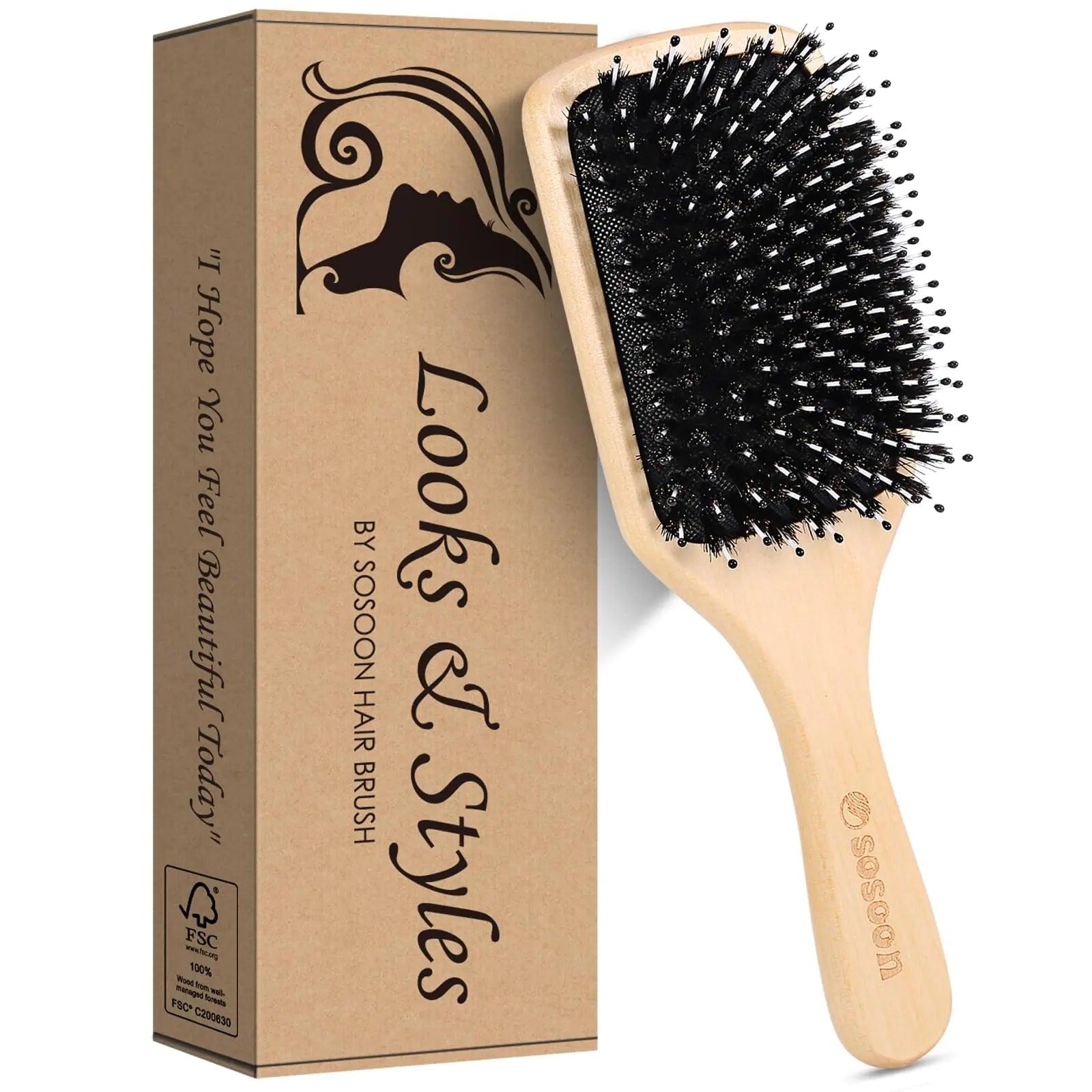 Hair Brush, Sosoon Boar Bristle Paddle Hairbrush for Long Short Thick Thin Curly Straight Wavy Dry Hair for Men Women Kids, No More Tangle, Giftbox & Tail Comb Included - Evallys.com # #