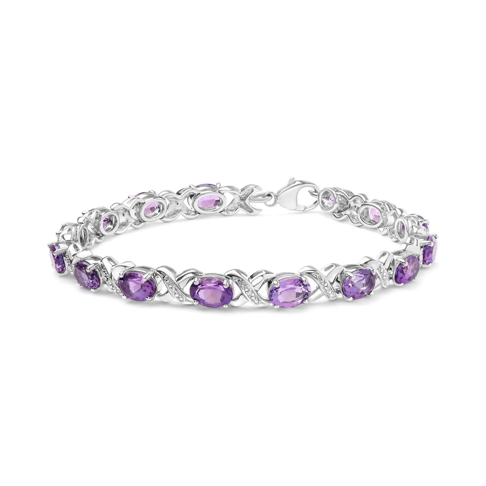 .925 Sterling Silver 7x5mm Oval Amethyst and Diamond Accent X-Link Bracelet (H-I Color, SI1-SI2 Clarity)  - Size 7