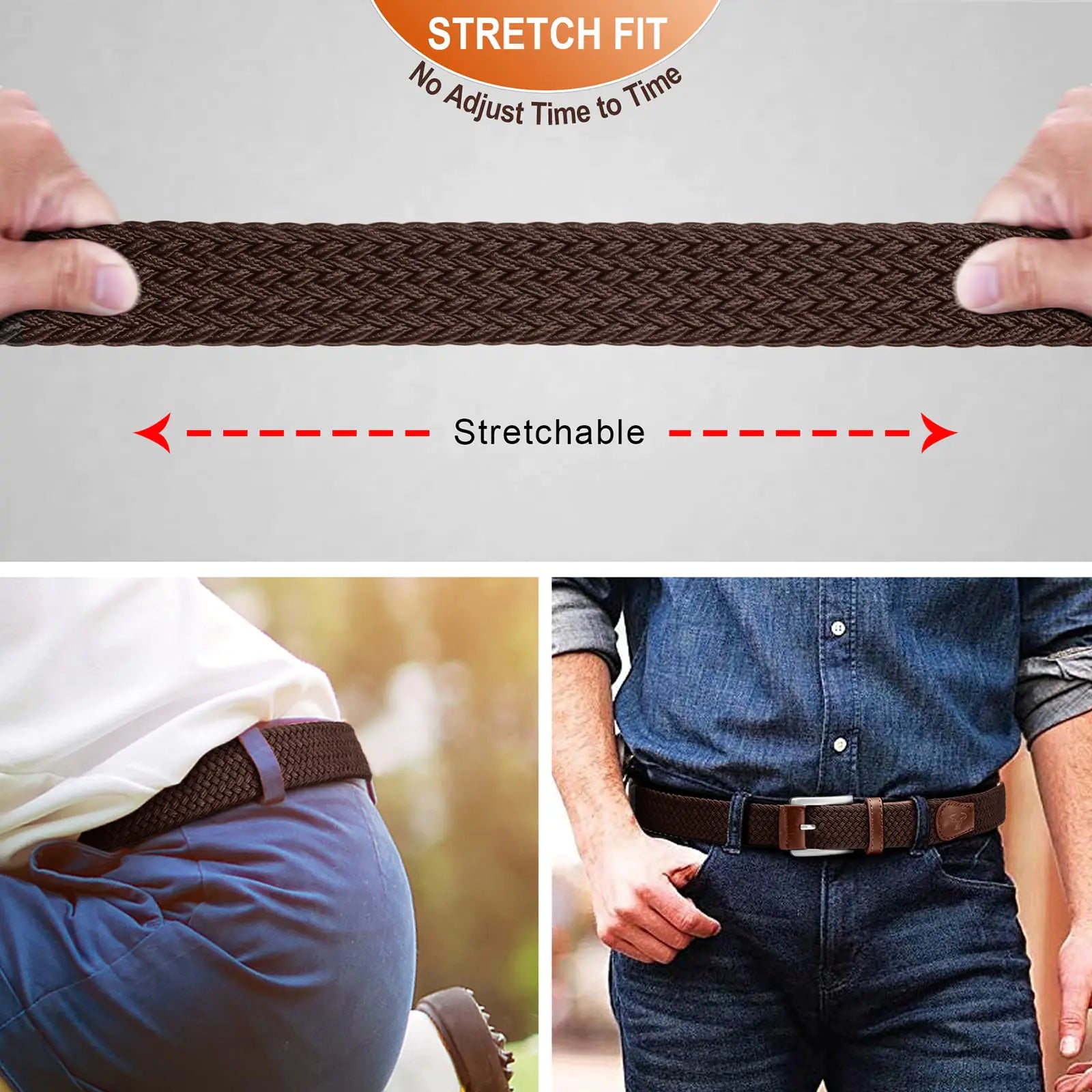 BULLIANT Stretch Belt Men,Mens Gift Woven Braided Web Belt 1 3/8 for Golf Casual Pants Shirts Jeans Dark Brown 1349 38"-42"Waist Adjustable - Evallys.com # #