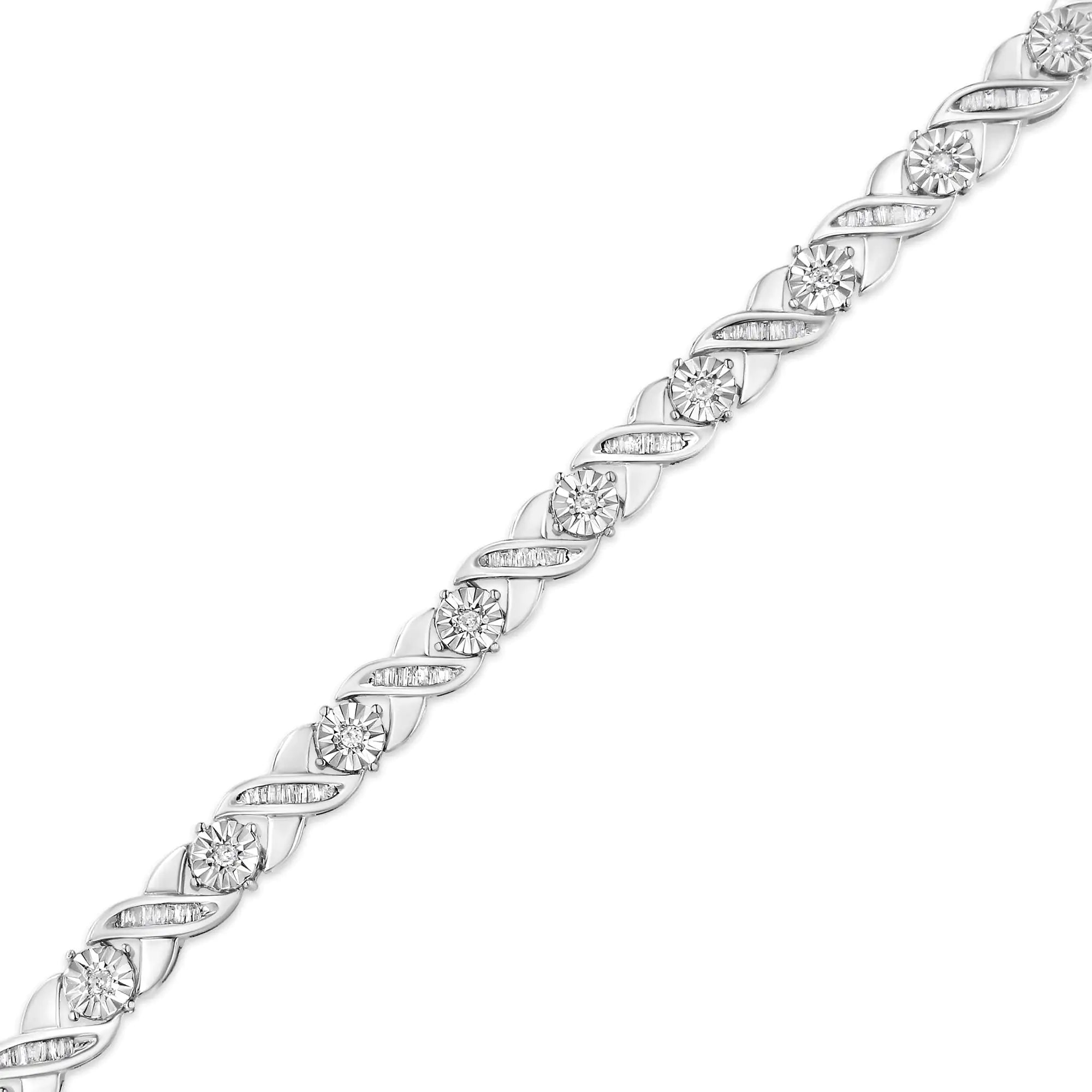 .925 Sterling Silver 1.0 Cttw Round-Brilliant and Baguette Cut Diamond Miracle-Set X-Link 7" Tennis Bracelet (I-J Color, I2-I3 Clarity) - Evallys.com # #