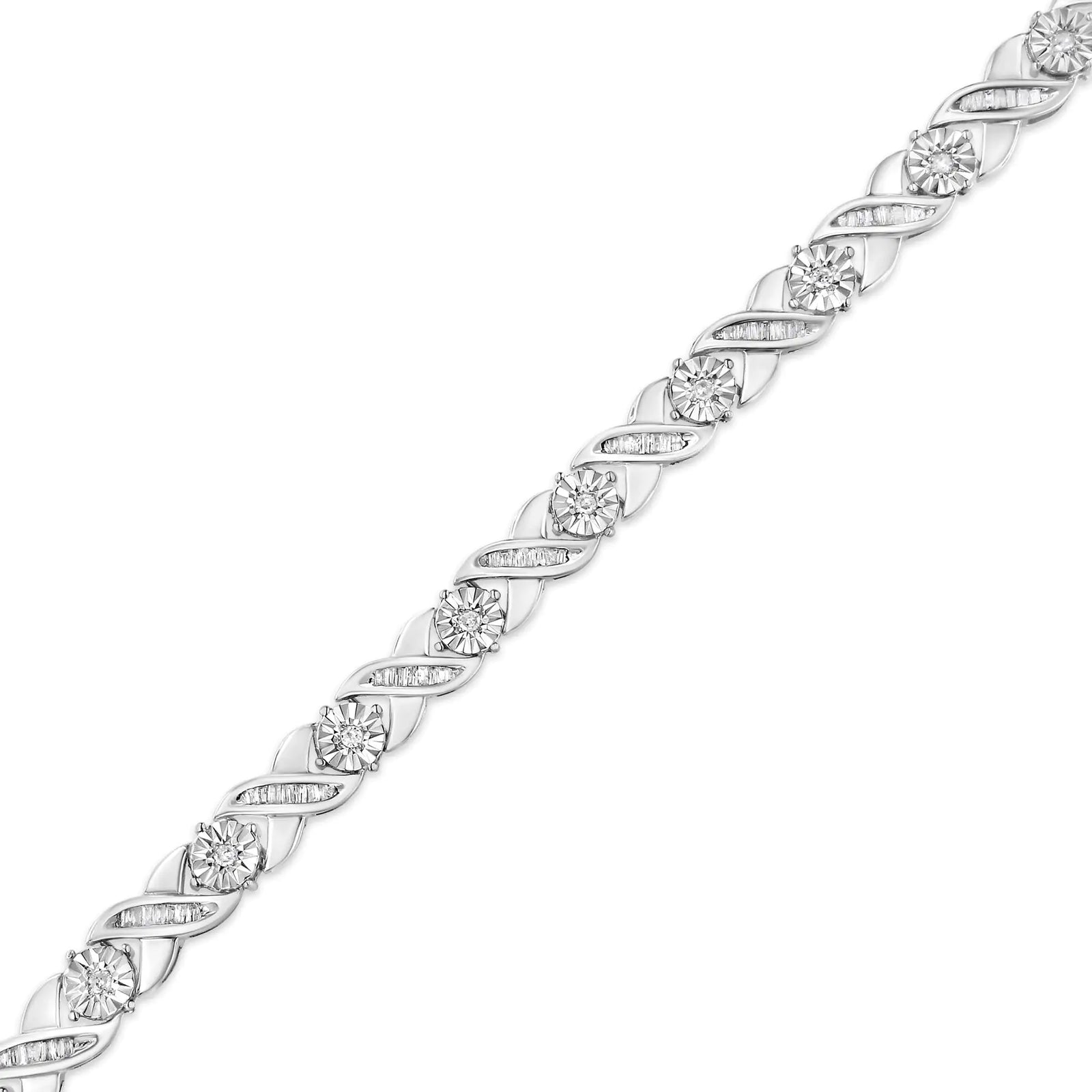 .925 Sterling Silver 1.0 Cttw Round-Brilliant and Baguette Cut Diamond Miracle-Set X-Link 7