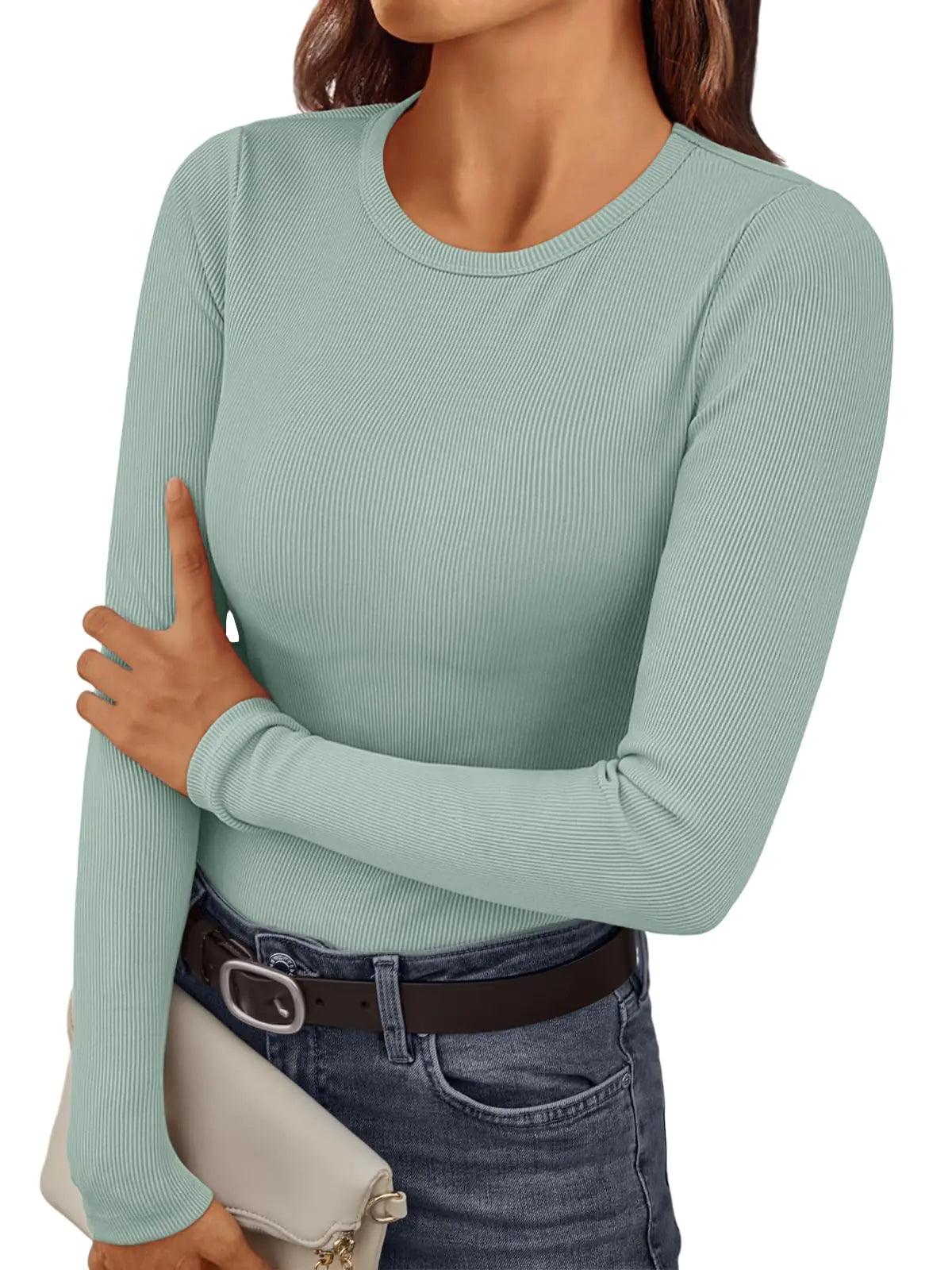 AUTOMET Womens Ribbed Shirts Crewneck Fitted Tops Casual Underscrubs Layer Slim Basic T-Shirts Large Sage Green - Evallys.com # #