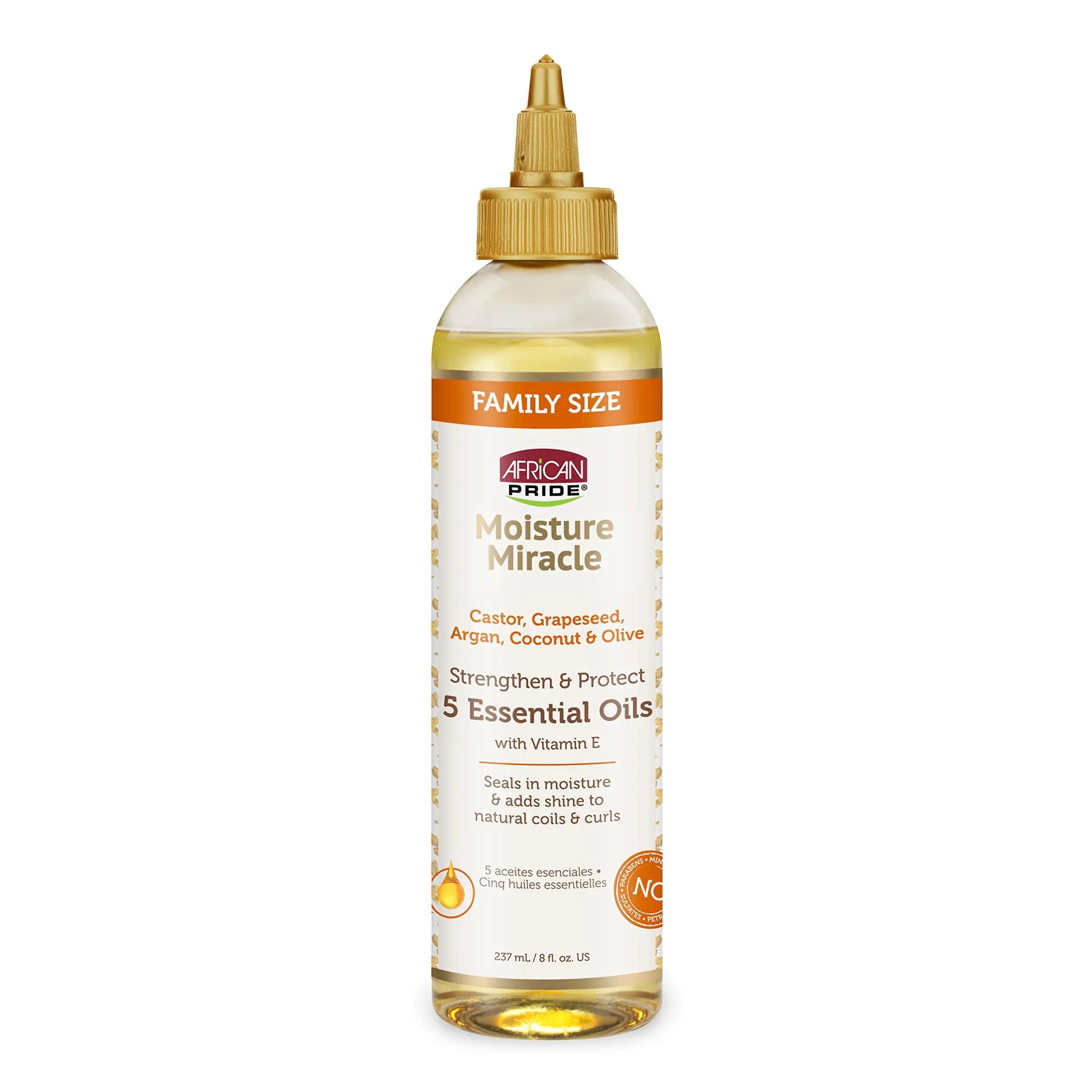 African Pride Moisture Miracle 5 Essential Oils - Contains Castor, Grapeseed, Argan, Coconut & Olive Oil, Seals in Moisture & Adds Shine to Hair, Vitamin E, 4 oz 4 Fl Oz (Pack of 1) - Evallys.com # #