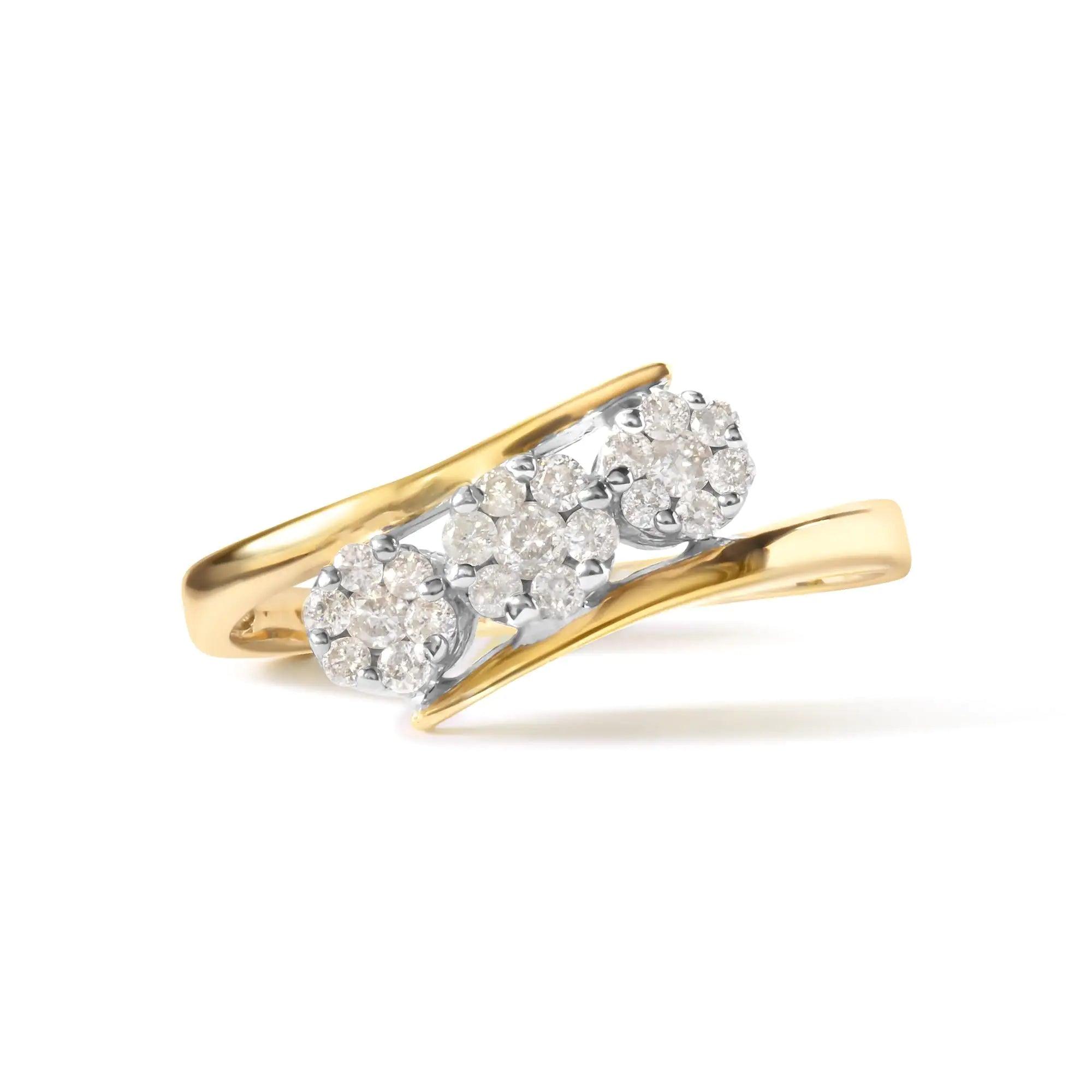 10K Yellow Gold 1/4 Cttw Diamond Cluster 3 Stone Style Bypass Ring (I-J Color, I1-I2 Clarity) - Evallys.com # #