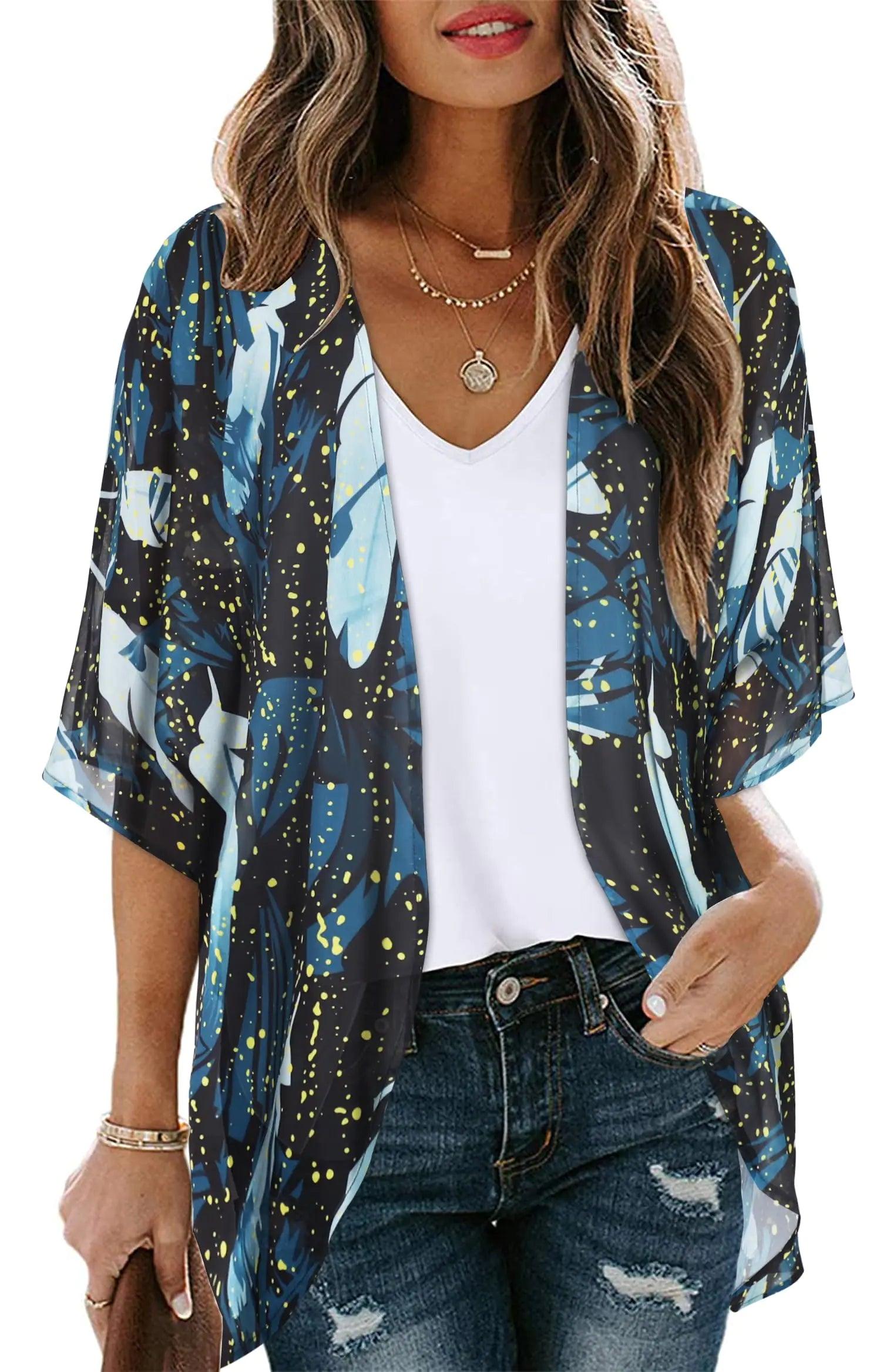 Women's Floral Print Puff Sleeve Kimono Cardigan Loose Cover Up Casual Blouse Tops Small Orange Black - Evallys.com