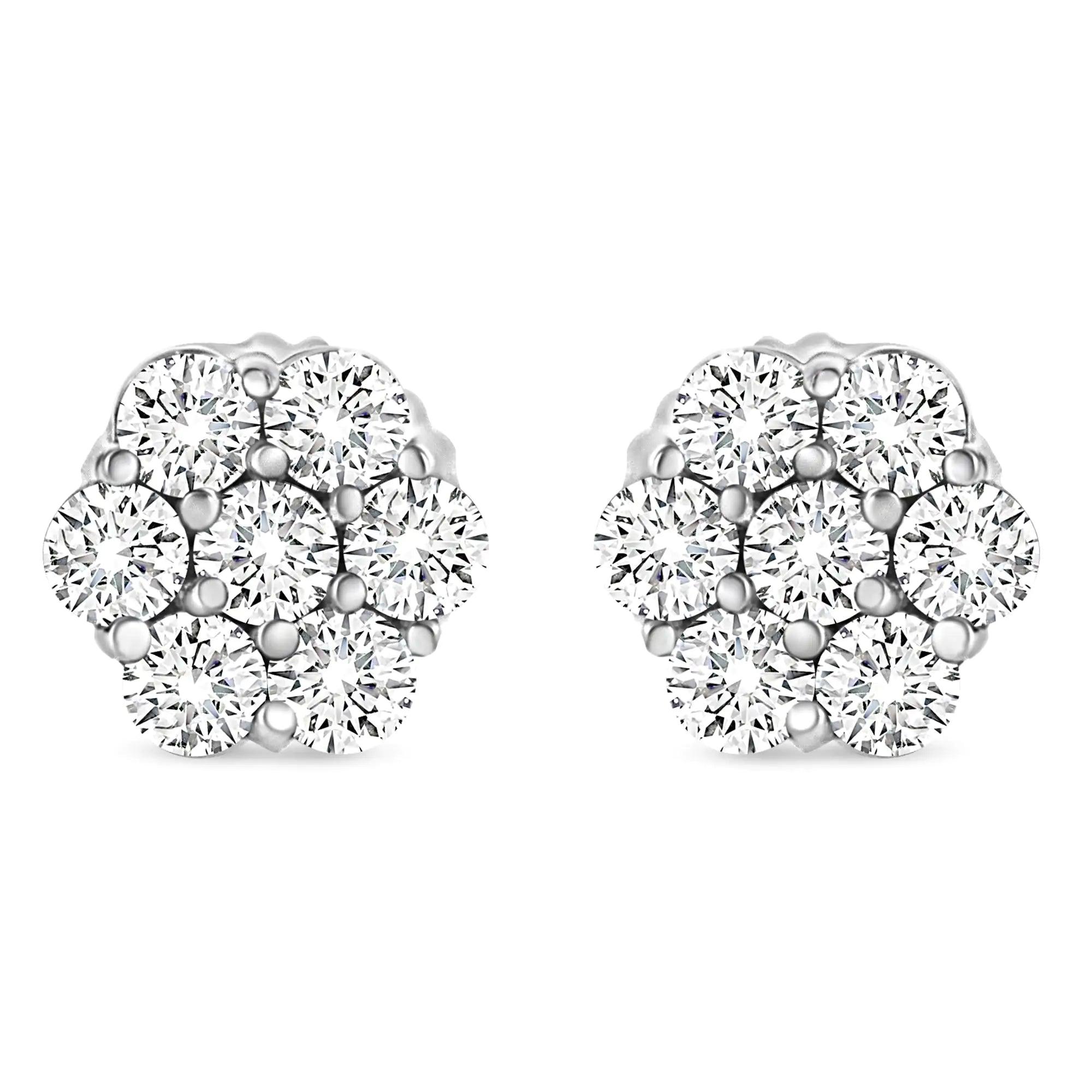 14K White Gold 1/3 Cttw Floral Cluster Diamond Stud Earrings with Screw backs (I-J Color, SI2-I1 Clarity	) - Evallys.com # #