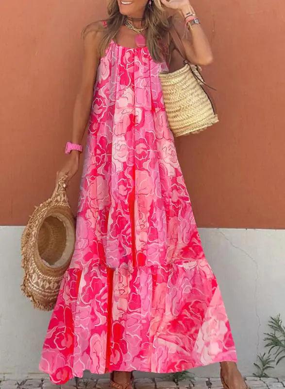 Dokotoo Women Summer Dresses 2024 Spaghetti Strap Scoop Neck Smocked Ruffle Flowy Boho Maxi Dress Small Rose - Evallys.com