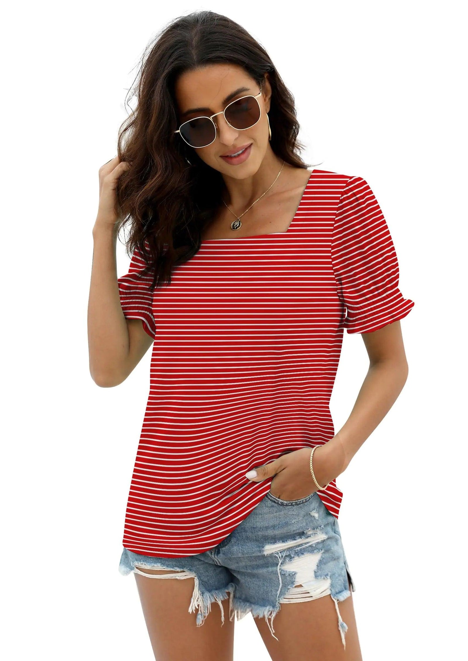 WIHOLL Tops for Women Summer Casual Ruffle Trim Sleeve Square Neck T Shirts X-Large 1-redstripe - Evallys.com # #