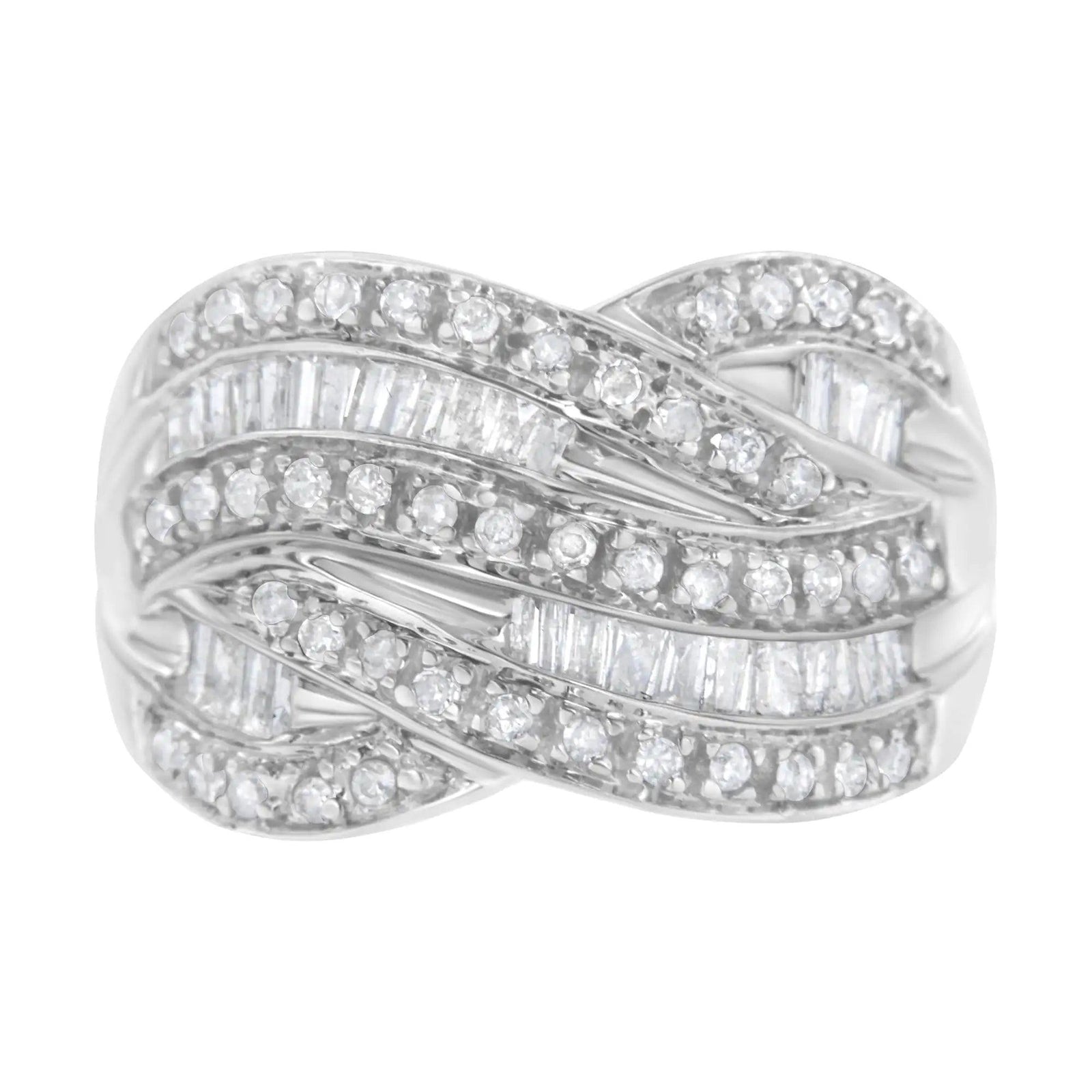 .925 Sterling Silver 1.0 Cttw Channel Set Alternating Round and Baguette Diamond Cross-over Bypass Ring Band (I-J Color, I2-I3 Clarity) - Evallys.com # #