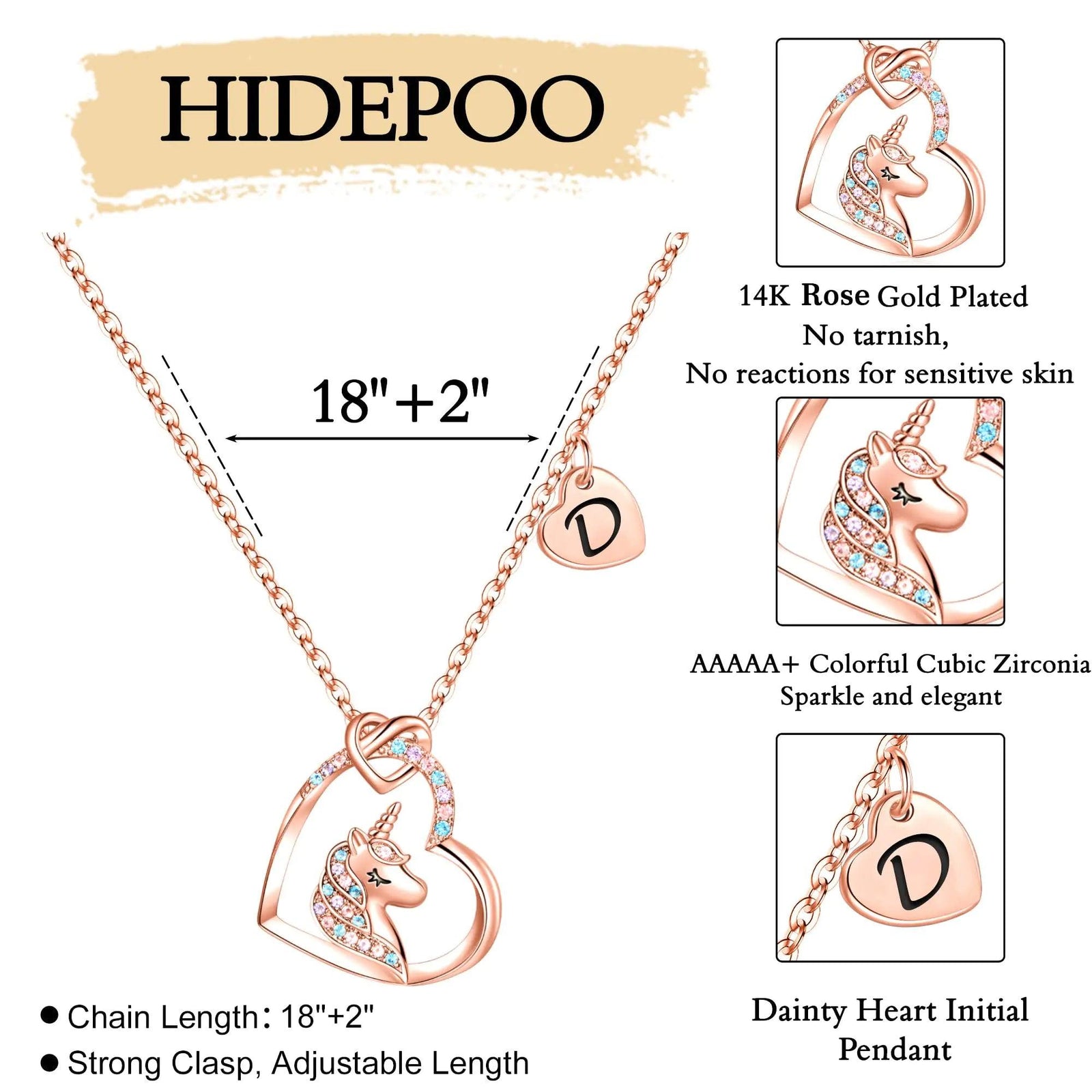 Hidepoo Unicorn Necklace for Girls Gifts - 14K Gold/Rose Gold/White Gold Plated Cubic Zirconia Heart Unicorn Necklace Gifts Jewelry Initial Unicorn Necklace Birthday Gifts Unicorns Gifts for Girls D Rose Gold - Evallys.com # #